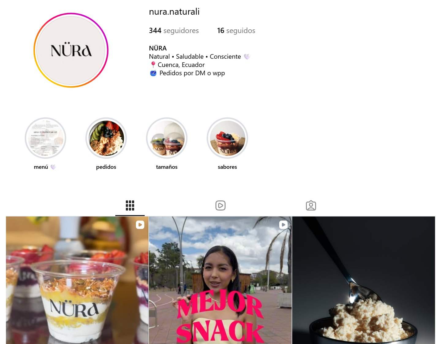 El perfil de Instagram de NÜRA con sus publicaciones