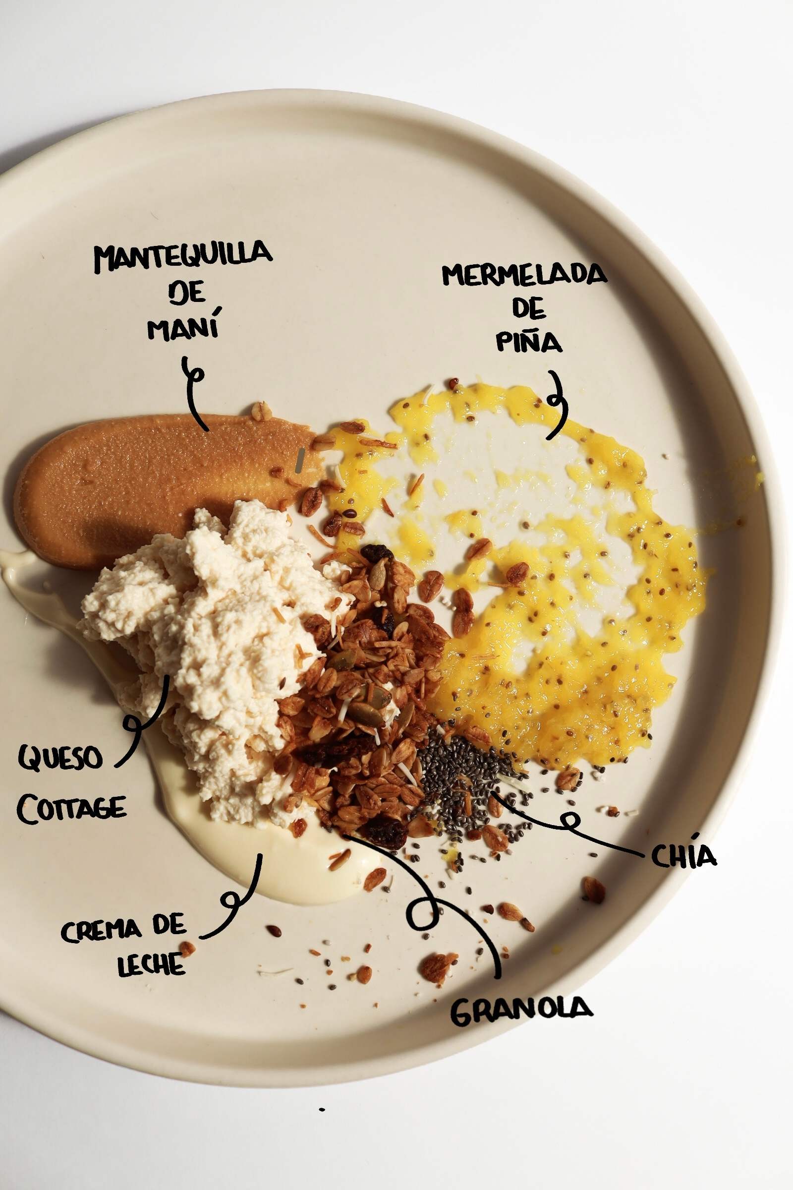 Plato de NÜRA con cada ingrediente rotulado a mano