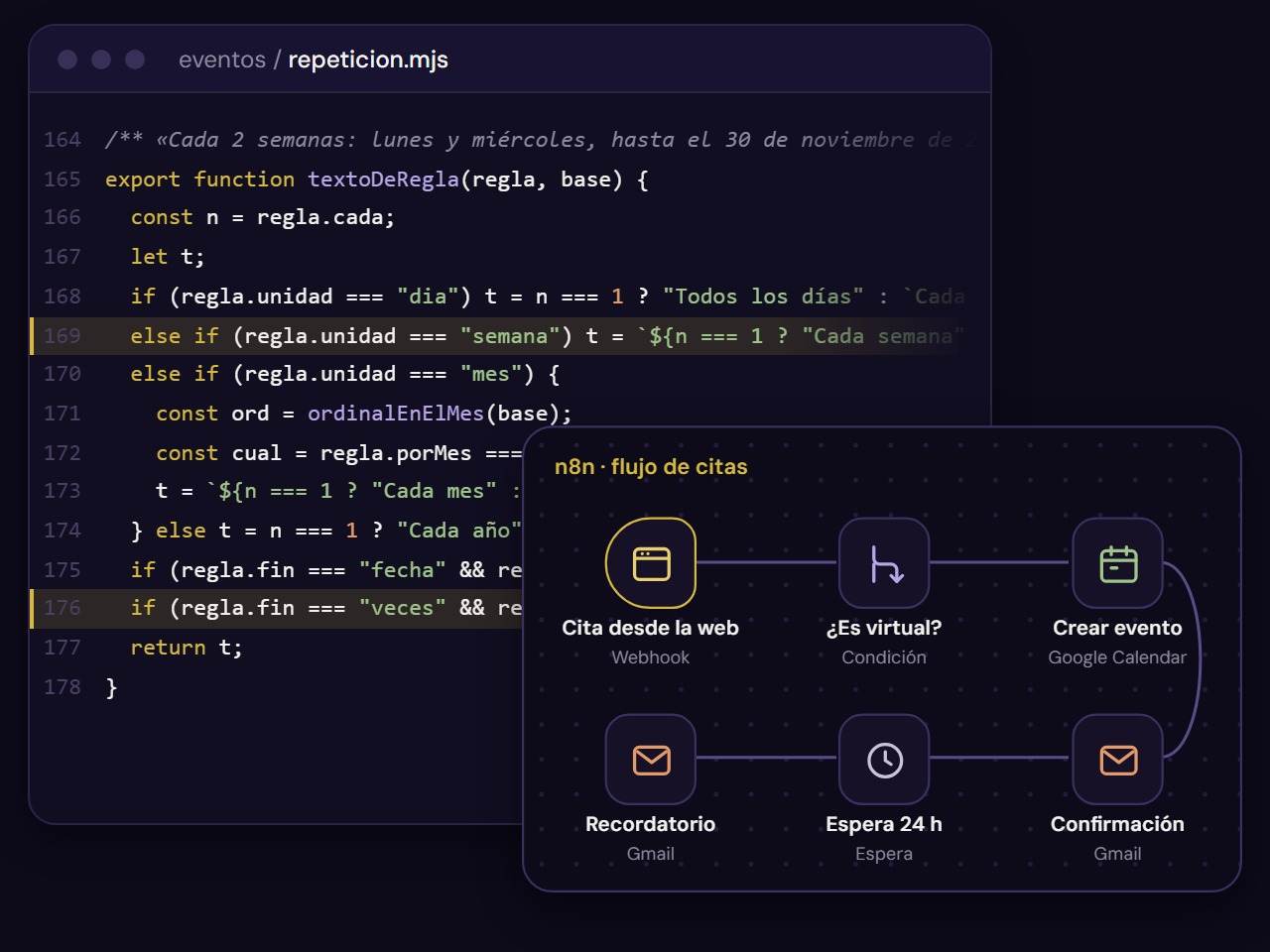 El código de un portal interno y, encima, una automatización de citas en n8n: de la web a Google Calendar y los correos por Gmail
